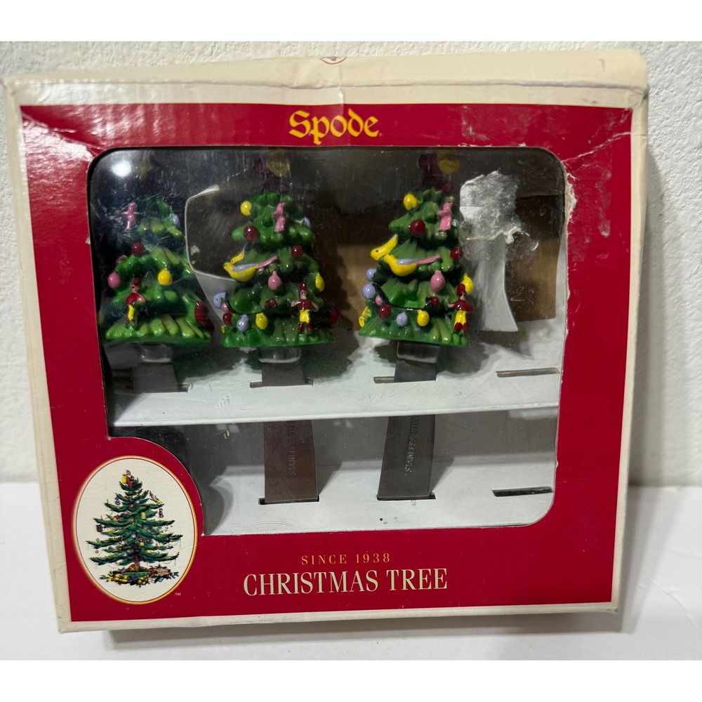 Spode Christmas Tree Canape Knives Set of 3 Stainless Steel Santa Spreaders Box